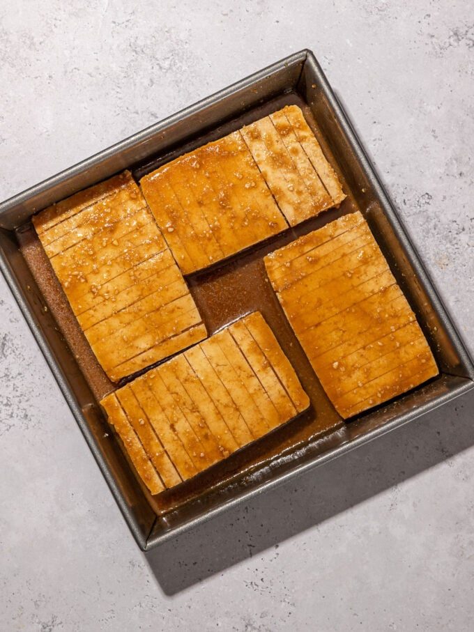 marinated tofu in square dish