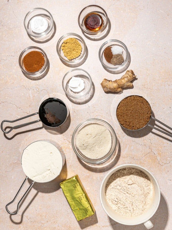 flour, ginger, molasses, in bowls