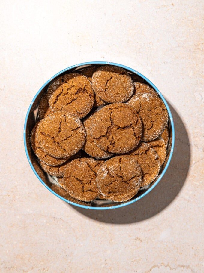 ginger molasses cookies in a cookie tin