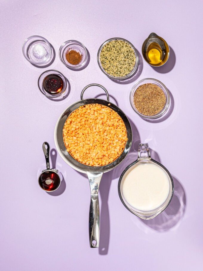 red lentils, soy milk and hemp hearts in bowls