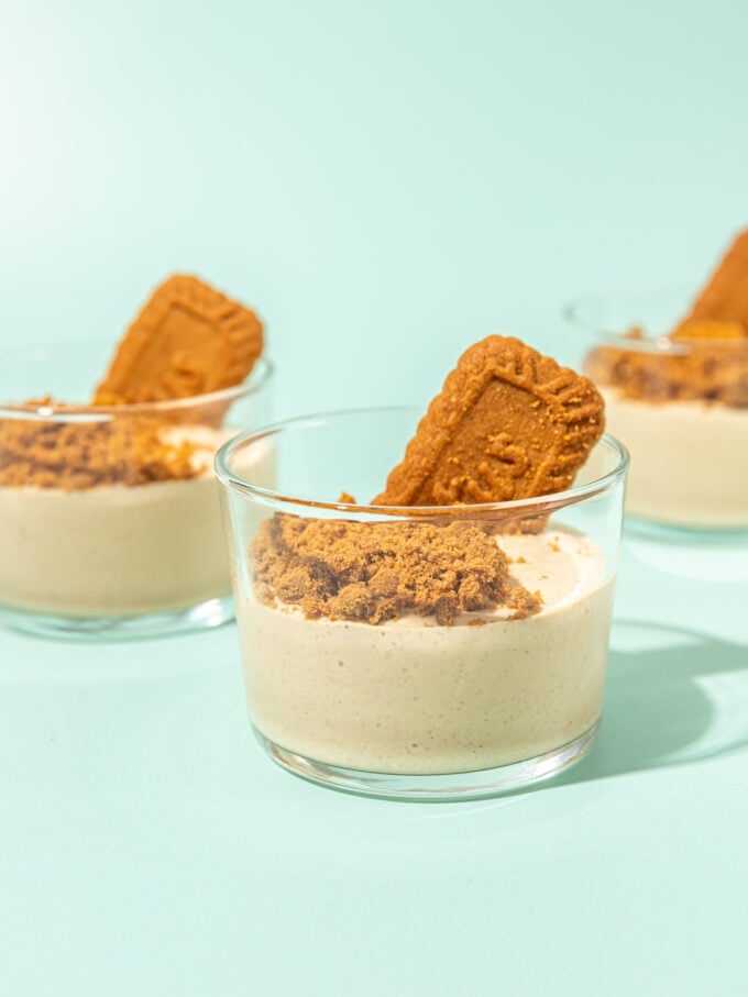 silken tofu pudding in glasses with biscoff cookies