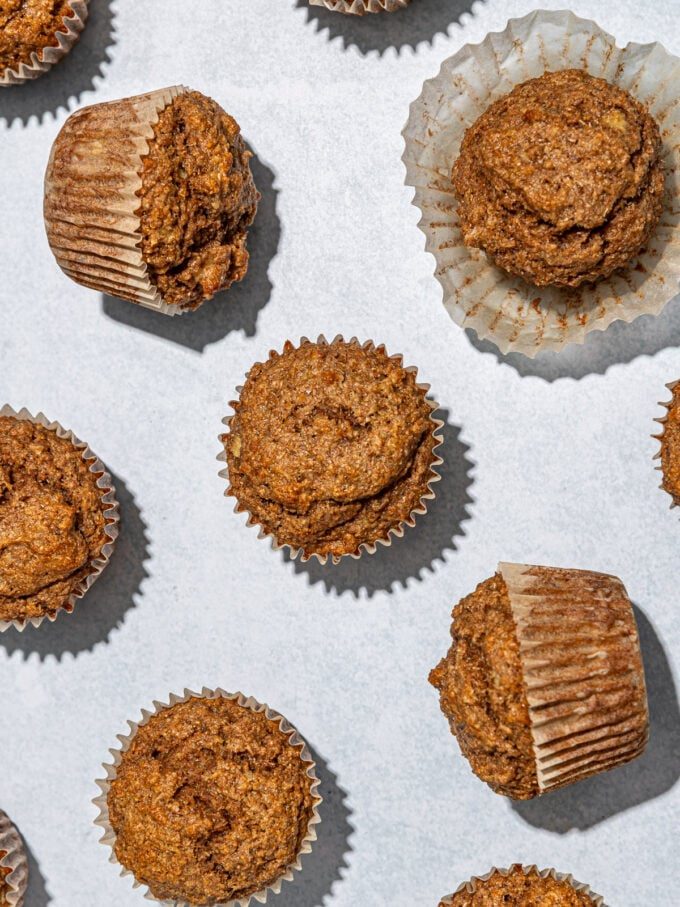 banana bran muffins on blue background