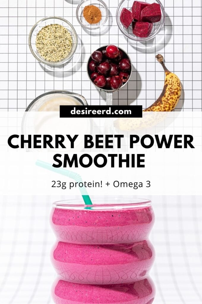 pinterest graphic of bowls of beets, cherries and hemp hearts with a pink smoothie in glass